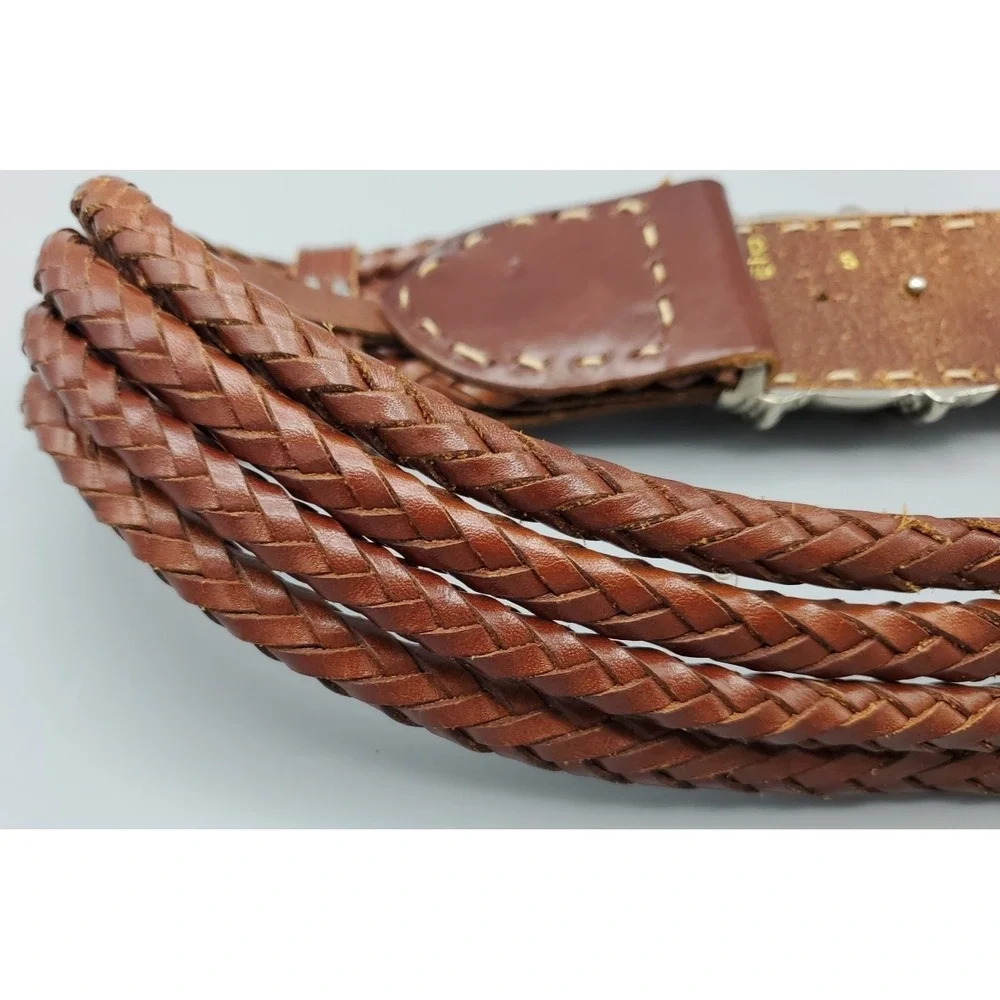 VTG The Limited Western Brown Leather Braided Women Small Belt Silvertone Buckle